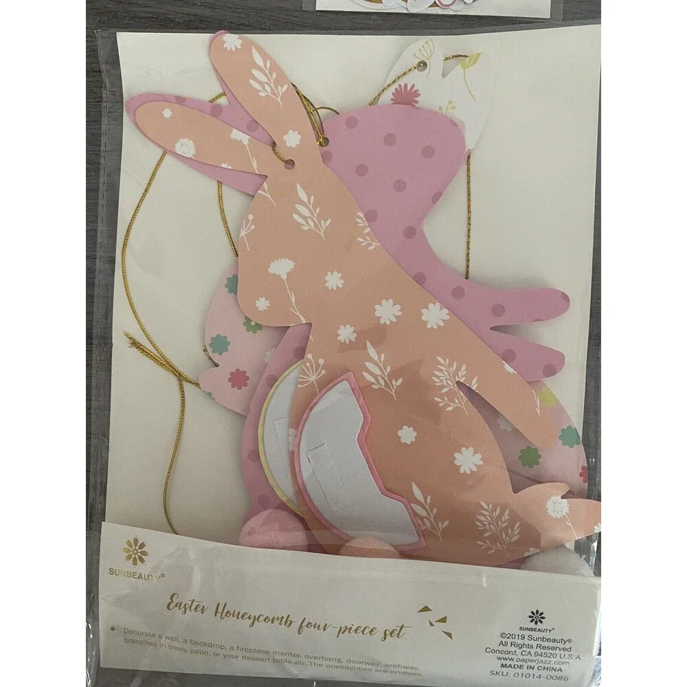 Easter Bunny Decoration for Home Rabbit with 3D Honeycomb banner sticks Set kids